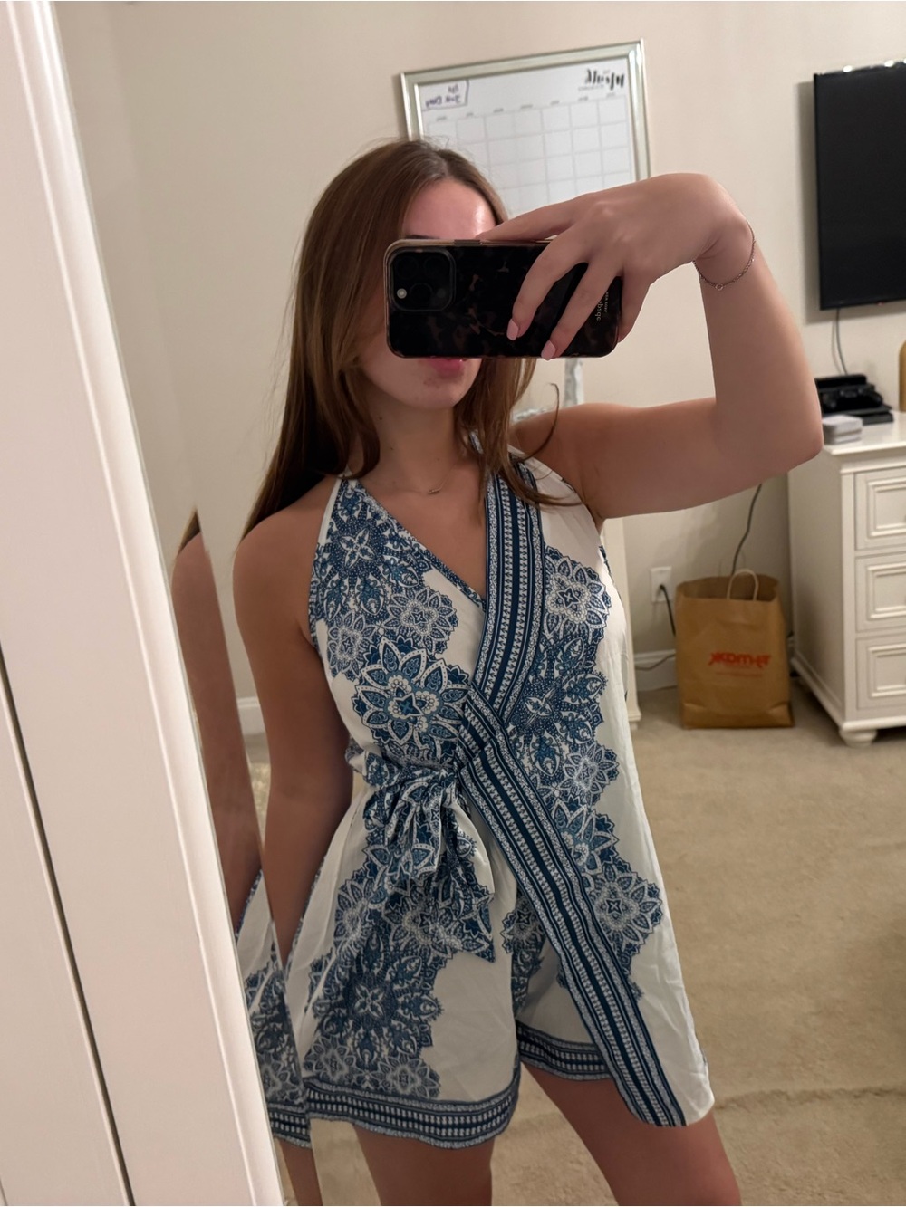 Blue and White Floral Print Wrap Romper - Women's